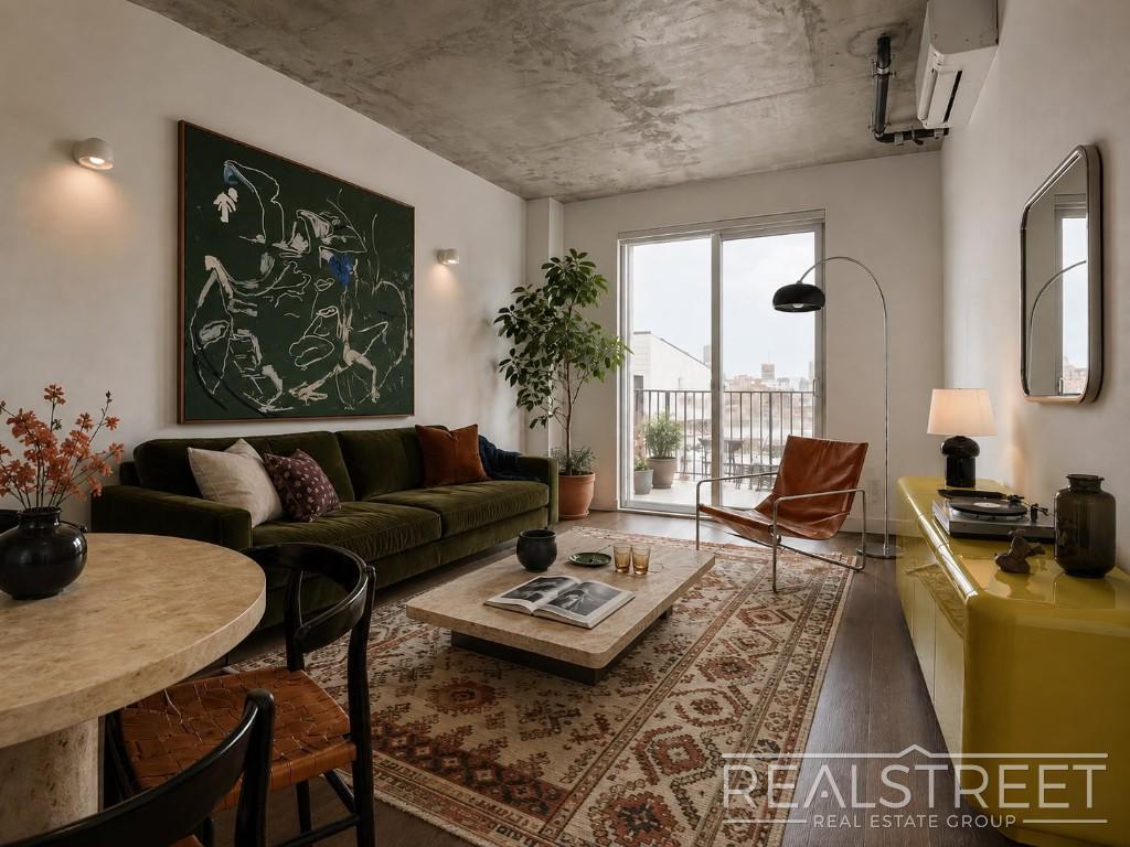Furnished living room opening to the balcony at 150 Noll Street #N-3D